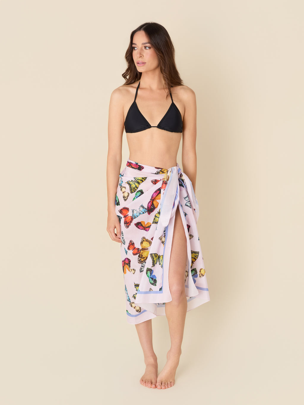 Pink Whisperwing pink pareo cover-up with watercolor butterfly details, made from a lightweight cotton-silk blend by GEM Beach Collection.