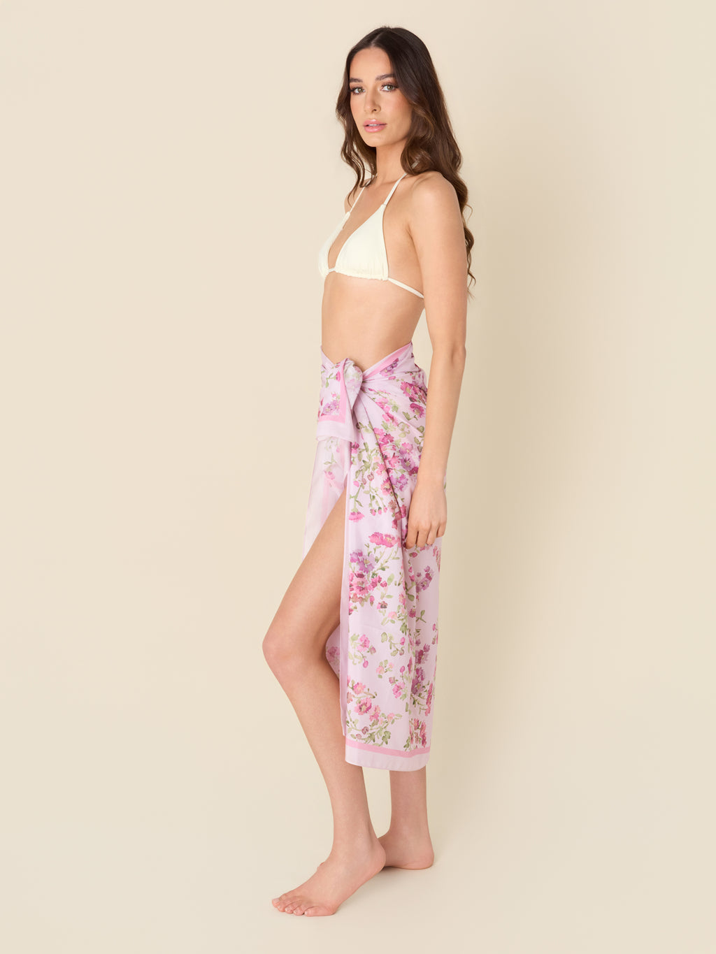 Rose Petit pink pareo cover-up with delicate pink flowers, made from a lightweight cotton-silk blend by GEM Beach Collection.