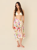 Cotton-silk pareo cover-up with soft watercolor flowers on a sun-kissed golden ground by GEM Beach Collection.